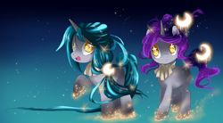 Size: 1098x607 | Tagged: safe, artist:loyaldis, imported from derpibooru, oc, oc only, oc:moondust, oc:stardust, pony, unicorn, female, filly, foal, horn