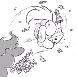 Size: 2400x2414 | Tagged: safe, artist:opalacorn, imported from derpibooru, oc, oc only, oc:paper bag, oc:void, earth pony, pegasus, pony, black and white, butt, confetti, duo, duo female, female, grayscale, happy birthday, hat, kicking, mare, monochrome, offscreen character, party hat, plot, simple background, solo focus, white background