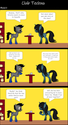 Size: 1920x3516 | Tagged: safe, artist:techno-babble, imported from derpibooru, oc, oc only, oc:azure dusk, oc:techno babble, earth pony, pony, unicorn, comic:club techno, series:technoverse, 3 panel comic, 3d, comic, duo, duo male and female, female, horn, male, mare, slice of life, speech bubble, stallion