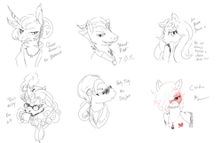 Size: 3100x2000 | Tagged: safe, artist:squeezymouse, imported from derpibooru, hoity toity, street rat, oc, oc:cardia, oc:moon flower, oc:queen lunaris, alicorn, bat pony, bat pony alicorn, earth pony, hybrid, kirin, pegasus, pony, alicorn oc, alternate universe, ambiguous gender, bat wings, birthmark, bust, chained, chains, clothes, coffee cup, coffee mug, collared shirt, colored hooves, colored lineart, cup, earth pony oc, female, flower, gift art, glasses, gym class heroes, hooves, horn, jewelry, licking, licking lips, male, mare, monochrome, mug, multicolored hair, necklace, no catchlights, pegasus oc, ponified, ponytail, prisoners of the moon, profile, requested art, scarf, shirt, simple background, sketch, sketch dump, stallion, sunglasses, swirly eyes, tongue out, travis mccoy, unshorn fetlocks, white background, wings