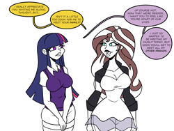 Size: 1800x1350 | Tagged: safe, artist:chillguydraws, artist:thicc-verse, imported from derpibooru, sunset shimmer, twilight sparkle, human, big breasts, breasts, busty sunset shimmer, busty twilight sparkle, cleavage, dialogue, duo, duo female, female, humanized, partial color, simple background, speech bubble, white background