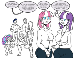 Size: 1800x1350 | Tagged: safe, artist:chillguydraws, artist:thicc-verse, imported from derpibooru, night light, princess cadance, princess flurry heart, shining armor, spike, twilight velvet, oc, oc:twilight starbeam, human, ass, big breasts, breasts, busty princess cadance, busty twilight velvet, butt, dialogue, father and child, father and son, female, heart butt, human spike, humanized, looking at you, making faces, male, older, older flurry heart, open mouth, partial color, siblings, sideboob, simple background, sisters, speech bubble, tongue out, white background