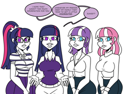 Size: 1800x1350 | Tagged: safe, artist:chillguydraws, artist:thicc-verse, imported from derpibooru, sci-twi, twilight sparkle, twilight velvet, oc, oc:twilight starbeam, human, big breasts, breasts, busty sci-twi, busty twilight sparkle, busty twilight velvet, cleavage, dialogue, female, humanized, implied sunset shimmer, looking at you, partial color, siblings, simple background, sisters, speech bubble, talking to viewer, twolight, white background