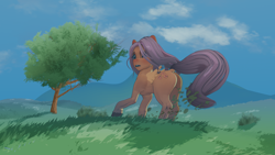 Size: 3840x2160 | Tagged: safe, artist:friendshipisfree, imported from derpibooru, fluttershy, pegasus, pony, 4k, butt, cloud, female, flutterbutt, grass, high res, mare, mountain, outdoors, plot, sky, solo, tail, tree, wind, windswept mane, windswept tail