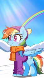 Size: 1440x2560 | Tagged: safe, artist:zeon_starlight, imported from derpibooru, rainbow dash, pegasus, pony, backwards cutie mark, beanie, blushing, clothes, crepuscular rays, cute, female, hat, mare, outdoors, rainbow, scarf, smiling, snow, solo, spread wings, sweater, wings, winter