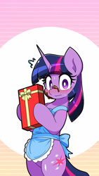 Size: 1440x2560 | Tagged: safe, artist:zeon_starlight, imported from derpibooru, twilight sparkle, pony, semi-anthro, unicorn, abstract background, apron, blushing, box of chocolates, clothes, cute, emanata, embarrassed, female, food, gradient background, holding, horn, looking at you, mare, solo, sweat, unicorn twilight, wavy mouth, wingless