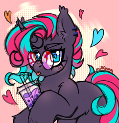 Size: 1489x1530 | Tagged: safe, artist:milkaaa, artist:milkchkk, imported from derpibooru, oc, oc only, oc:synthie glitch, bat pony, bat pony unicorn, hybrid, unicorn, abstract background, bat pony unicorn oc, blue eyes, bubble tea, drink, ear piercing, ear tufts, earring, female, floating heart, glasses, heart, horn, jewelry, mare, mlem, multicolored mane, multicolored tail, piercing, silly, solo, straw, tail, tongue out