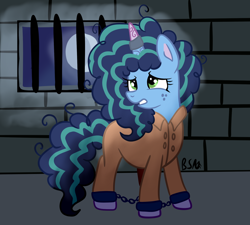 Size: 1822x1640 | Tagged: safe, artist:chewy-tartz, imported from derpibooru, clothes, commissioner:rainbowdash69, cuffed, g5, horn, horn ring, jewelry, magic suppression, misty brightdawn, never doubt rainbowdash69's involvement, prison outfit, prisoner, prisoner misty, ring, sad, shackles