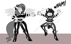 Size: 1280x800 | Tagged: safe, artist:latexia, oc, oc only, anthro, breasts, clothes, duo, duo female, eyes closed, female, happy, latex, mime