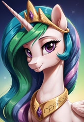 Size: 832x1216 | Tagged: safe, imported from twibooru, princess celestia, alicorn, pony, ai content, ai generated, bust, female, horn, image, jewelry, looking at you, needs more jpeg, portrait, prompter:cypher, regalia, solo, solo female, wings