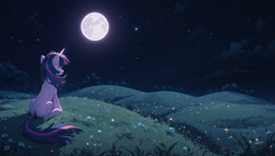 Size: 1920x1088 | Tagged: safe, imported from twibooru, twilight sparkle, pony, unicorn, ai content, ai generated, female, from behind, generator:tponynai3, generator:wai-ani-nsfw-ponyxl, grass, hill, horn, image, meadow, moon, night, night sky, png, prompter:truekry, sitting, sky, solo, solo female, wallpaper