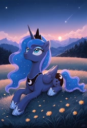 Size: 832x1216 | Tagged: safe, imported from twibooru, princess luna, alicorn, pony, ai content, ai generated, female, horn, image, needs more jpeg, prompter:thataiponyguy, scenery, solo, solo female, wings