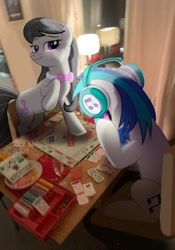 Size: 896x1280 | Tagged: artist needed, safe, imported from derpibooru, dj pon-3, octavia melody, vinyl scratch, earth pony, pony, unicorn, board game, cup, drink, glasses, headphones, horn, indoors, lamp, monopoly, mug, photo, seat, signature, sitting, standing, table, two toned mane