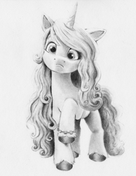 Size: 1000x1289 | Tagged: safe, artist:nedemai, imported from derpibooru, izzy moonbow, pony, unicorn, female, g5, grayscale, horn, looking at you, mare, monochrome, my little pony: a new generation, pencil drawing, raised hoof, scene interpretation, solo, traditional art