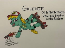 Size: 4032x3024 | Tagged: safe, artist:dylanwayneburk, imported from derpibooru, zephyr breeze, oc, oc:greenie, pegasus, pony, baseball cap, bucktooth, cap, child, colt, fire, foal, gold necklace, hat, knee pads, lighting, little brother, logo, male, my little pony, parent:gentle breeze, parent:posey shy, pose, shoulder pads, sibling, sister:fluttershy, skateboard, skateboarding, traditional art, what if