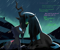 Size: 1200x1012 | Tagged: safe, artist:klondike, imported from derpibooru, queen chrysalis, oc, oc:maxilla, changeling, changeling oc, cute, cutealis, cuteling, dialogue, duo, duo female, fangs, fear, female, larger female, looking at each other, looking at someone, looking down, looking up, mother and child, mother and daughter, ocbetes, offspring, pink changeling, rain, sad, sadorable, size difference, smaller female