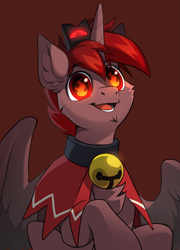 Size: 1911x2651 | Tagged: safe, artist:redchetgreen, imported from derpibooru, oc, oc:hardy, alicorn, pony, bell, bell collar, chest freckles, cloak, clothes, collar, crown, cult of the lamb, ear fluff, fire, flaming eyes, freckles, jewelry, looking at you, male, open mouth, regalia, solo, stallion