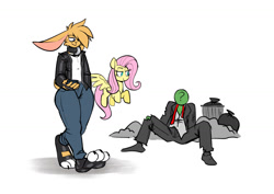 Size: 1280x905 | Tagged: safe, artist:latexia, fluttershy, oc, oc only, oc:anon, anthro, original species, pony, rabbit, animal, clothes, female, male, mare, tuxedo