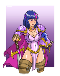 Size: 2100x2638 | Tagged: safe, artist:carpdime, imported from derpibooru, twilight sparkle, human, armor, cape, clothes, fantasy class, helmet, humanized, solo, sword, unconvincing armor, warrior, weapon