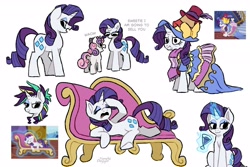 Size: 3000x2000 | Tagged: safe, artist:simpledoggo, imported from derpibooru, rarity, sweetie belle, pony, unicorn, alcohol, alternate hairstyle, clothes, couch, cute, dress, eyes closed, eyeshadow, fainting couch, female, filly, foal, glass, glowing, glowing horn, hat, horn, magic, makeup, mare, martini, open mouth, punk, raribetes, raripunk, scarf, screencap reference, simple background, top hat, white background