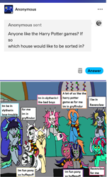 Size: 1189x1971 | Tagged: safe, artist:ask-luciavampire, imported from derpibooru, oc, dracony, dragon, earth pony, hybrid, pegasus, pony, unicorn, zebra, ask, harry potter, harry potter (series), horn, tumblr, zebra oc