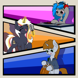 Size: 4000x4000 | Tagged: safe, artist:inpherno black, artist:uniroam, imported from derpibooru, oc, oc:homage, oc:littlepip, oc:velvet remedy, fallout equestria, clothes, colored background, disc jockey, headphones, jumpsuit, littlepip's little party, lockpicking, microphone, panels, vault suit