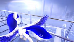 Size: 1920x1080 | Tagged: safe, imported from derpibooru, oc, oc only, pegasus, pony, blue mane, female, heart, looking away, mirror's edge, scenery, solo, spread wings, walking, wings