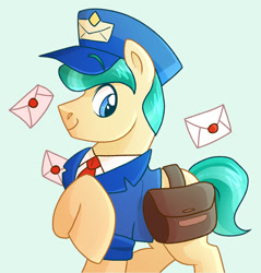 Size: 1146x1200 | Tagged: safe, artist:slushpony, imported from derpibooru, proper postal, crystal pony, pony, bag, blue background, clothes, cute, cyan background, hat, letter, mailpony, mailpony uniform, male, properbetes, raised hoof, saddle bag, simple background, stallion