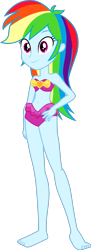 Size: 619x1696 | Tagged: safe, artist:dustinwatsongkx, edit, imported from derpibooru, rainbow dash, human, attached skirt, bare arms, bare legs, bare shoulders, barefoot, belly, belly button, bikini, clothes, clothes swap, feet, female, grin, hand on hip, human female, pinkie pie swimsuit, skirt, sleeveless, slender, smiling, solo, strapless, strapless bikini, swimsuit, swimsuit swap, thin