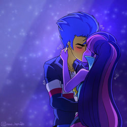 Size: 750x750 | Tagged: safe, artist:paracetamolnavo30, imported from derpibooru, flash sentry, twilight sparkle, human, equestria girls, female, flashlight, kiss on the lips, kissing, male, shipping, straight