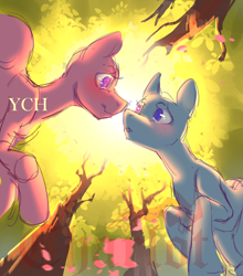 Size: 1748x1990 | Tagged: safe, artist:charlot, imported from derpibooru, oc, alicorn, earth pony, pegasus, pony, unicorn, bright lights, any gender, any race, any species, auction, auction open, blushing, commission, couple, forest, forest background, holiday, horn, looking at each other, looking at someone, love, nature, romantic, sketch, tree, valentine, valentine's day