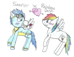 Size: 749x582 | Tagged: safe, artist:swiftytehkat, imported from derpibooru, rainbow dash, soarin', pegasus, pony, female, male, mare, shipping, soarindash, stallion, straight, traditional art