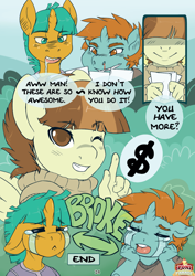 Size: 2175x3075 | Tagged: safe, artist:mlpfwb, imported from derpibooru, featherweight, snails, snips, anthro, earth pony, pegasus, unicorn, art pack:poni parade, comic:close up, 2013, blood, clothes, colt, comic, crying, dialogue, dollar sign, drool, drool string, eyes closed, foal, horn, male, nosebleed, old art, one eye closed, sweater, wink