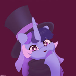 Size: 2480x2480 | Tagged: safe, artist:starburstuwu, imported from derpibooru, oc, oc only, oc:flawless sparklemoon, pony, unicorn, bust, female, fusion, fusion:trixie, fusion:twilight sparkle, fusion:twixie, hat, high res, horn, looking at you, mare, purple background, signature, simple background, solo, starry eyes, top hat, unshorn fetlocks, wingding eyes