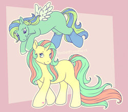 Size: 2047x1800 | Tagged: safe, artist:rockethaslanded, imported from derpibooru, oc, oc only, oc:aqua haste, oc:peppermint star, pegasus, pony, unicorn, duo, duo female, female, flying, freckles, heart, heart mark, horn, mare, pegasus oc, signature, smiling, spread wings, tail, unicorn oc, wings