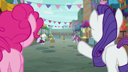 Size: 1280x720 | Tagged: safe, imported from derpibooru, screencap, alpine farrier, linky, neigh sayer, pinkie pie, pinot noir, rarity, shiraz, shoeshine, silver berry, street rat, earth pony, pony, unicorn, the gift of the maud pie, balloonbutt, butt, city, clothes, featureless crotch, female, horn, male, mare, market, my little pony, plot, pointing, rear view, rearity, stallion, tail