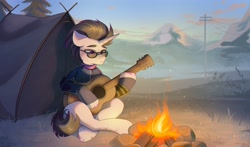 Size: 4096x2414 | Tagged: safe, artist:ijustmari, imported from derpibooru, oc, oc only, oc:haze rad, pony, semi-anthro, unicorn, fallout equestria, campfire, clothes, commissioner:biohazard, crossed legs, dexterous hooves, glasses, guitar, horn, jumpsuit, male, musical instrument, outdoors, scarf, solo, stallion, tent, unicorn oc, vault suit