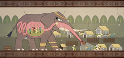 Size: 3200x1497 | Tagged: safe, artist:28gooddays, imported from derpibooru, earth pony, elephant, pony, acid, alternate universe, bone, commission, dead, death, digestion, fetish, high res, imminent death, inside stomach, internal, mural, poop, prey, scat, skeleton, stomach acid, sucking, trunk vore, unwilling, unwilling prey, vacuum vore, vore, x-ray