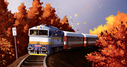 Size: 2860x1500 | Tagged: safe, artist:28gooddays, imported from derpibooru, oc, oc only, oc:beamshot, earth pony, pony, autumn, detailed background, high res, leaves, locomotive, railroad, scenery, solo, train, train tracks