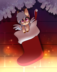 Size: 2000x2501 | Tagged: safe, artist:28gooddays, imported from derpibooru, oc, oc only, oc:streamline, deer, deer pony, original species, peryton, pony, :t, brick wall, christmas, christmas stocking, commission, high res, holiday, solo, spread wings, tiny, tiny ponies, wings, ych result