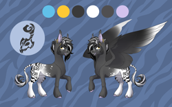 Size: 4000x2500 | Tagged: safe, artist:28gooddays, imported from derpibooru, oc, oc only, bat pony, hybrid, pegasus, zebra, zebroid, concave belly, ear piercing, heterochromia, high res, open mouth, piercing, raised hoof, reference sheet, smiling, solo, spread wings, unshorn fetlocks, wings