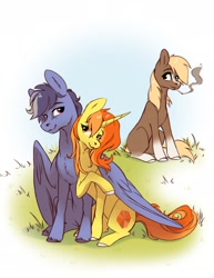 Size: 1500x1939 | Tagged: safe, artist:28gooddays, imported from derpibooru, oc, oc:amber fossil, oc:silver lightning, earth pony, pegasus, pony, unicorn, cigarette, female, grass, horn, hug, male, mare, oc x oc, ponified, sergeant reckless, shipping, sitting, smoking, stallion, straight, trio, unshorn fetlocks, warpone, winghug, wings