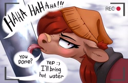 Size: 3067x2000 | Tagged: safe, artist:28gooddays, imported from derpibooru, oc, oc only, earth pony, pony, band-aid on nose, bandaid, beanie, blushing, bust, camera shot, clothes, commission, dialogue, embarrassed, frown, hat, high res, laughing, licking, offscreen character, pole, portrait, speech bubble, tongue out, tongue stuck, tongue stuck to pole, ych result