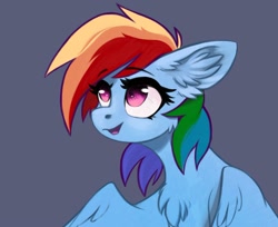 Size: 1000x815 | Tagged: safe, artist:28gooddays, imported from derpibooru, rainbow dash, pegasus, pony, bust, chest fluff, ear fluff, female, looking up, mare, open mouth, simple background, smiling, solo, wings