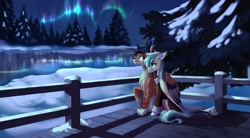 Size: 4096x2253 | Tagged: safe, artist:28gooddays, imported from derpibooru, oc, oc only, big cat, hybrid, pegasus, pony, tiger, aurora borealis, clothes, duo, fence, fir tree, forest, high res, hug, jacket, nature, night, river, scenery, sitting, smiling, snow, tree, water, winghug, wings, winter