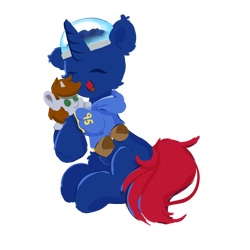 Size: 991x991 | Tagged: safe, artist:skylinepony_, imported from derpibooru, oc, oc only, oc:bit shift, oc:littlepip, pony, unicorn, fallout equestria, bag, blue coat, brain, clothes, ear fluff, eyes closed, fetlock tuft, happy, hoodie, horn, hug, jumpsuit, open mouth, open smile, organs, plushie, red tail, saddle bag, simple background, smiling, solo, tail, transparent background, vault suit