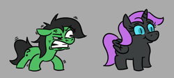 Size: 606x274 | Tagged: safe, artist:jargon scott, imported from derpibooru, oc, oc only, oc:filly anon, oc:nyx, alicorn, earth pony, pony, angry, cross-popping veins, duo, duo female, emanata, female, filly, floppy ears, foal, frown, gray background, gritted teeth, nyxruary, simple background, slit pupils, smiling, teeth