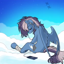 Size: 4096x4096 | Tagged: safe, artist:opalacorn, imported from derpibooru, oc, oc only, pegasus, pony, bandage, bandaged leg, cellphone, cloud, earbuds, eyes closed, male, on a cloud, phone, sitting, sitting on a cloud, smartphone, smiling, solo focus, stallion