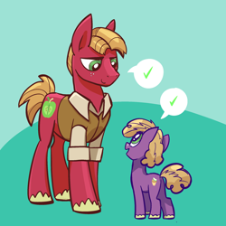 Size: 2048x2048 | Tagged: safe, artist:pfeffaroo, imported from derpibooru, big macintosh, little mac, earth pony, pony, check mark, clothes, colt, cute, duo, duo male, eeyup, father and child, father and son, foal, freckles, high res, like father like son, like parent like child, looking at each other, looking at someone, looking down, looking up, male, older big macintosh, open mouth, pictogram, smiling, speech bubble, stallion, standing, three quarter view, unshorn fetlocks