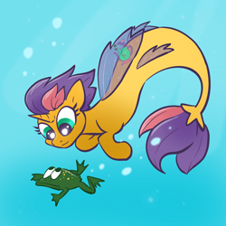 Size: 2048x2048 | Tagged: safe, artist:pfeffaroo, imported from derpibooru, oc, oc only, oc:kettle chip, frog, seapony (g4), bubble, fish tail, high res, horn, seaponified, solo, species swap, swimming, tail, underwater, water